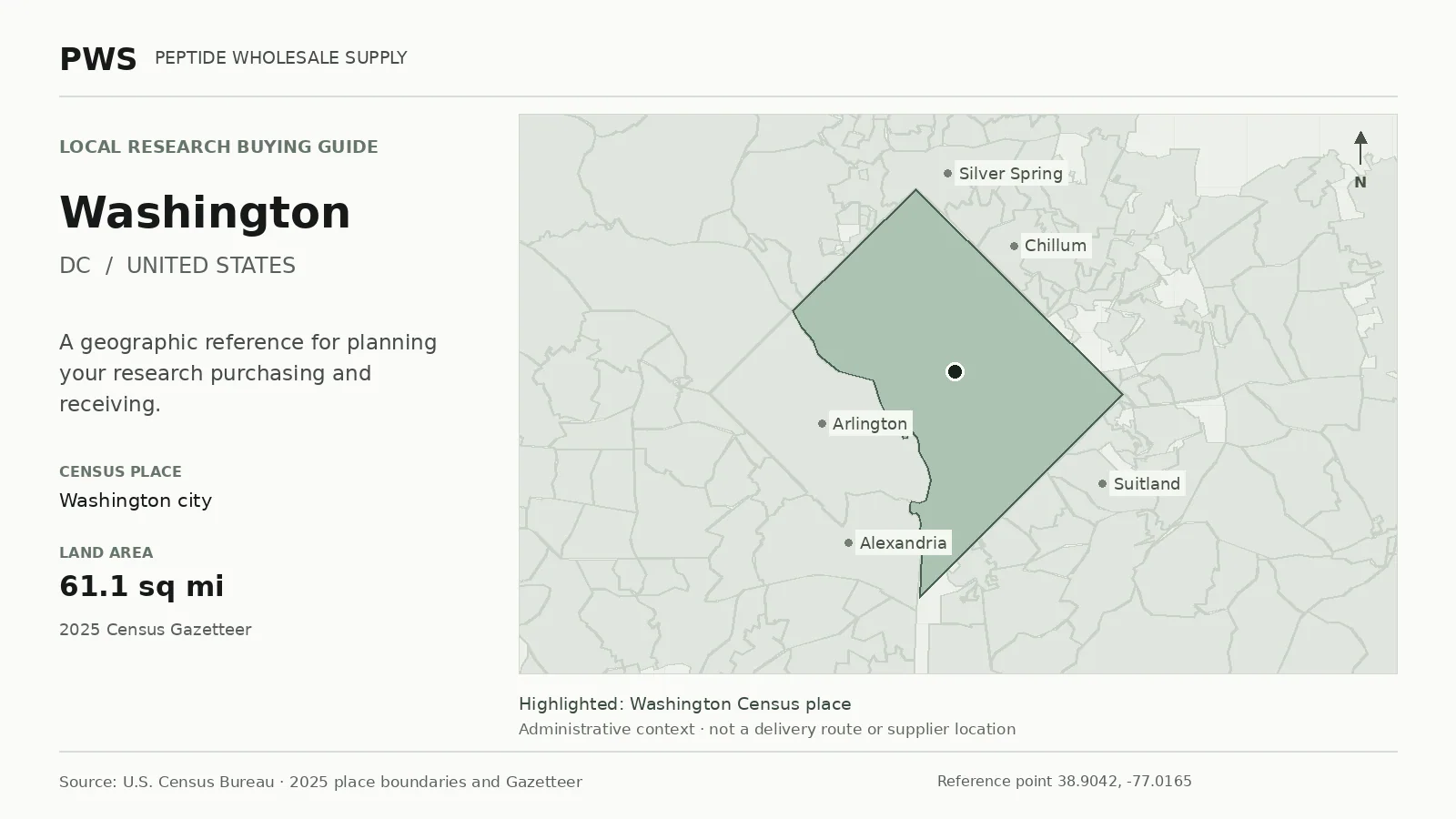 Map of the Washington city Census place boundary in DC, with nearby Census places for receiving-address planning.