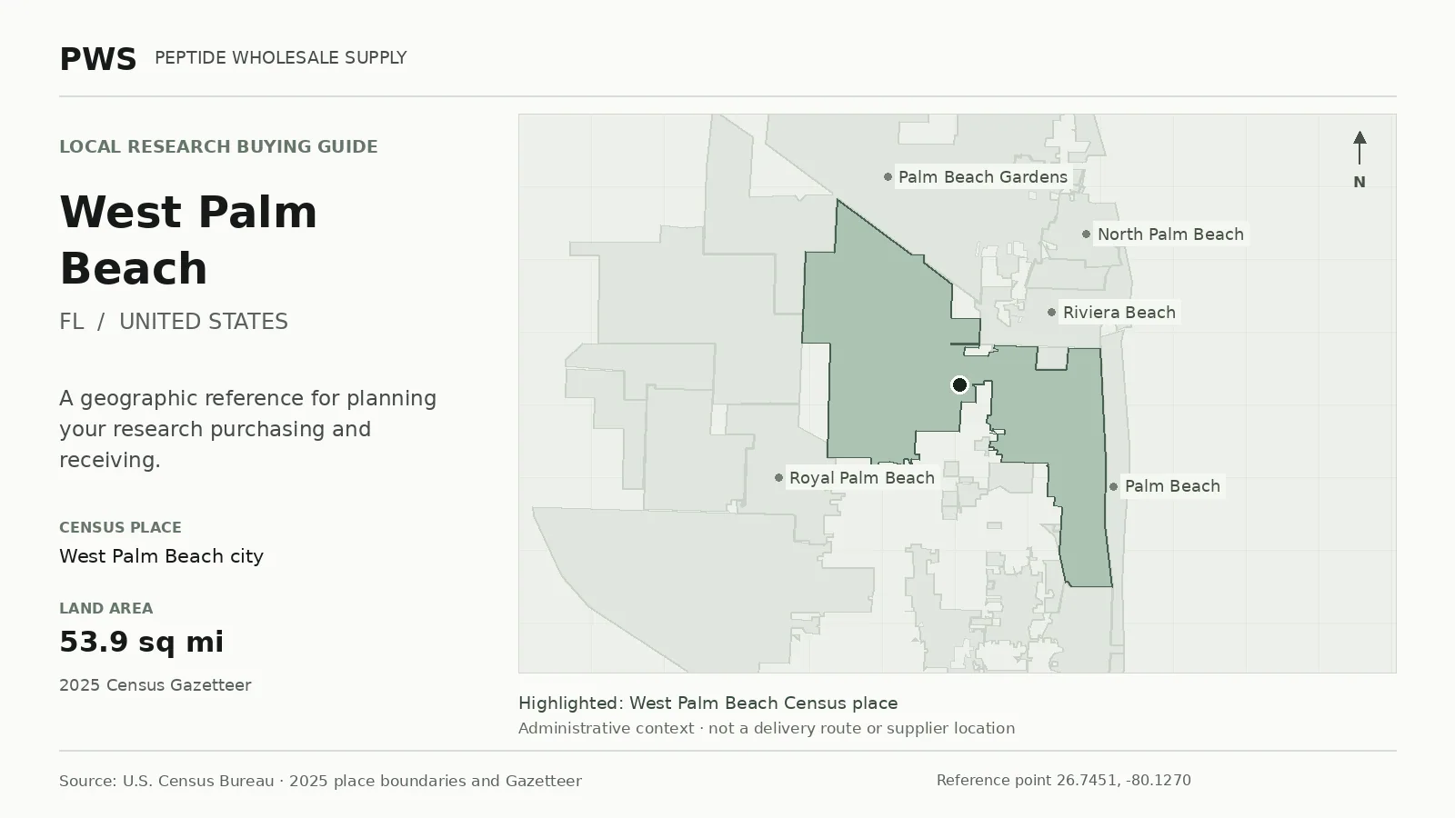 Map of the West Palm Beach city Census place boundary in FL, with nearby Census places for receiving-address planning.