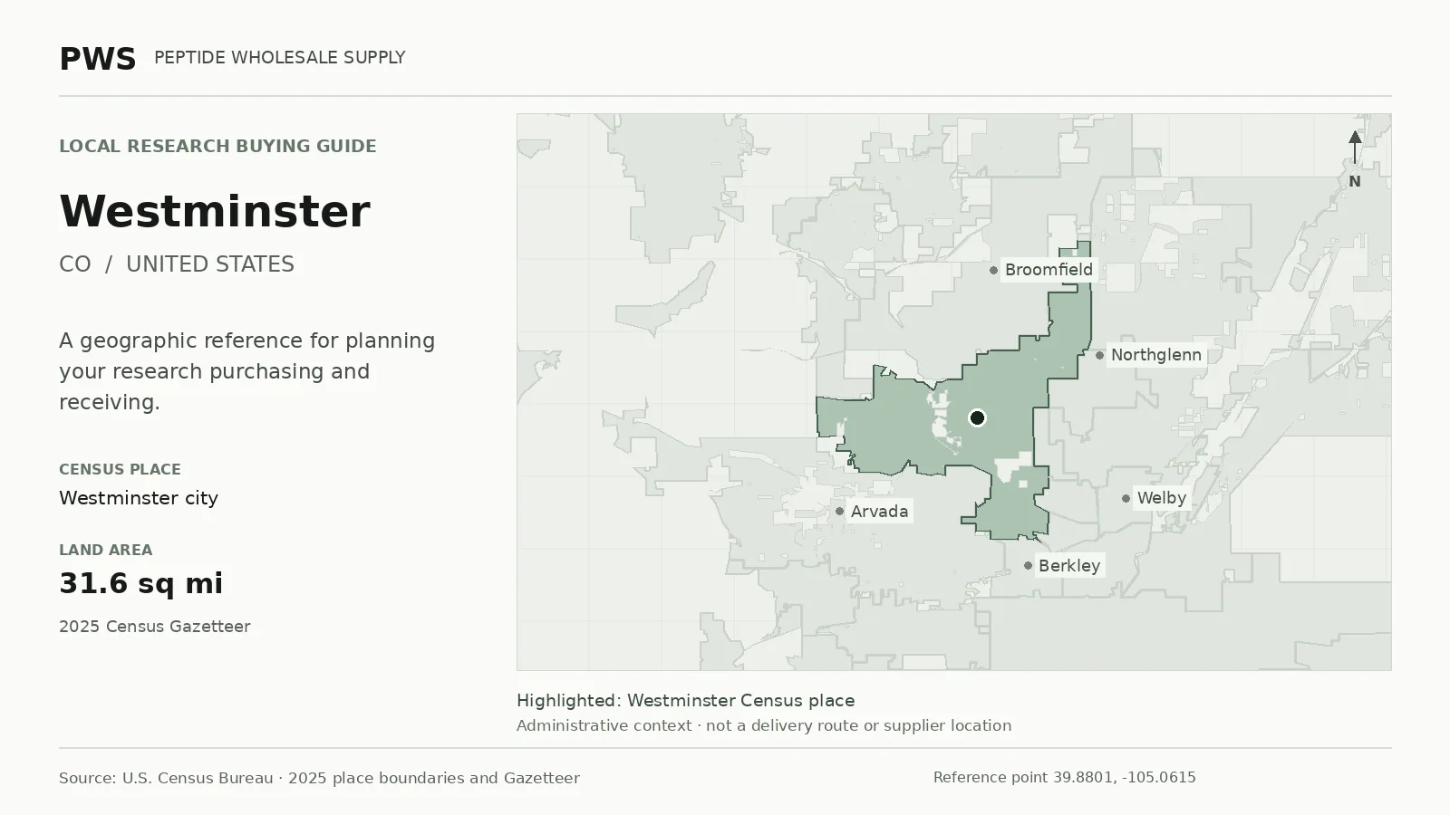 Map of the Westminster city Census place boundary in CO, with nearby Census places for receiving-address planning.