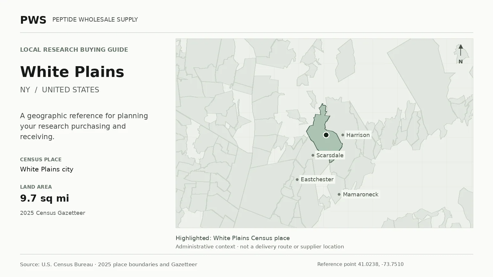 Map of the White Plains city Census place boundary in NY, with nearby Census places for receiving-address planning.