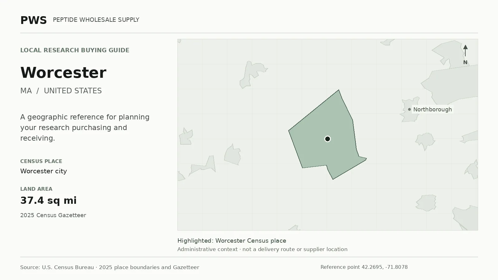 Map of the Worcester city Census place boundary in MA, with nearby Census places for receiving-address planning.
